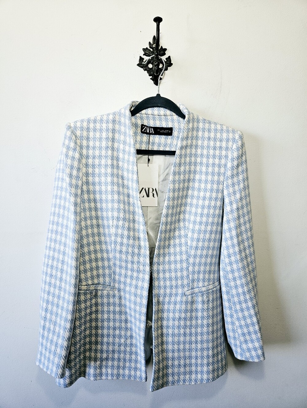 NWT Zara Houndstooth Lapelless Blazer Size L Blue White Jacket